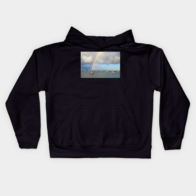 Rainbow over Simpson Bay Saint Martin Caribbean Kids Hoodie by WayneOxfordPh